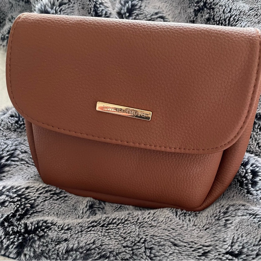 Vince Camuto Brown Crossbody with Gold-Tone Logo Plaque
